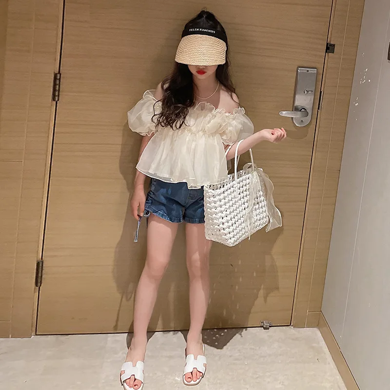 12 15 Kore Kız giyim Seti Yaz Moda Fransız Kapalı Omuz Üst + Kot Şort 2 adet genç giyim Seti çocuk kıyafet Görüntü 2