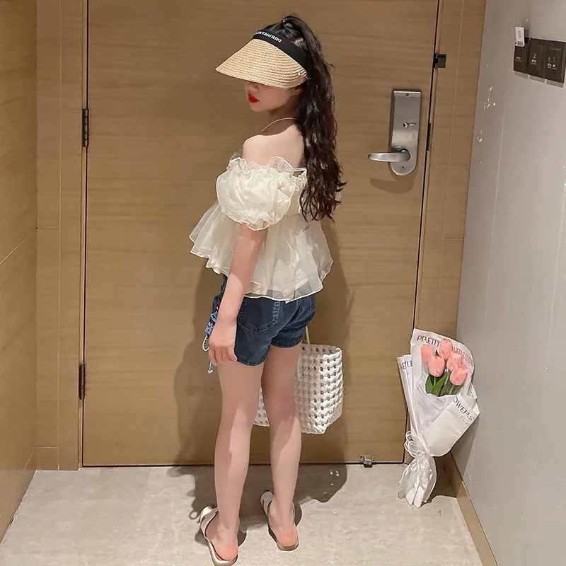 12 15 Kore Kız giyim Seti Yaz Moda Fransız Kapalı Omuz Üst + Kot Şort 2 adet genç giyim Seti çocuk kıyafet Görüntü 3