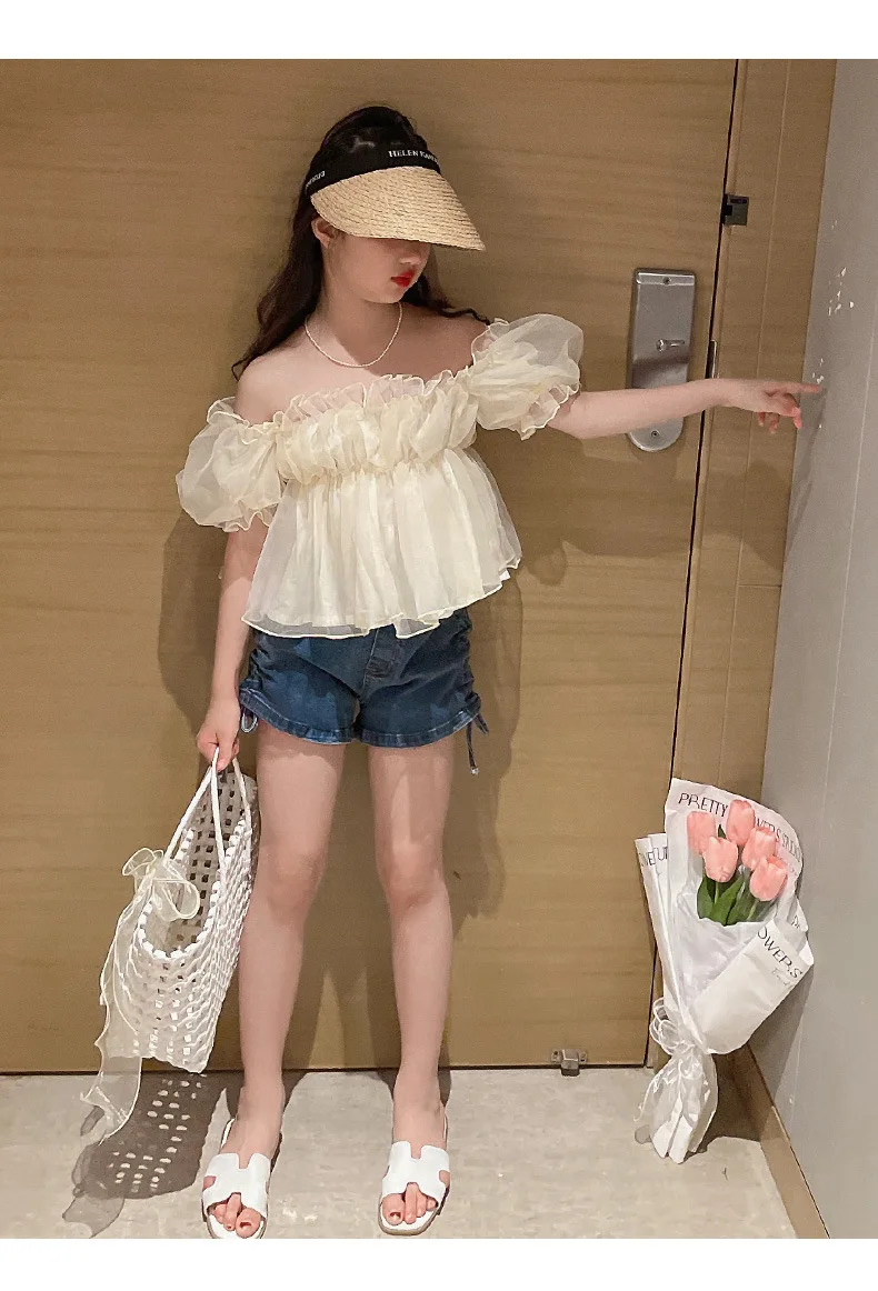 12 15 Kore Kız giyim Seti Yaz Moda Fransız Kapalı Omuz Üst + Kot Şort 2 adet genç giyim Seti çocuk kıyafet Görüntü 5